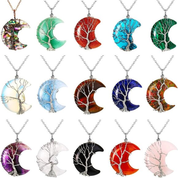 15 Pcs Life Tree Crescent Moon Necklace Wire Wrap Natural Gemstones Pendant Heal